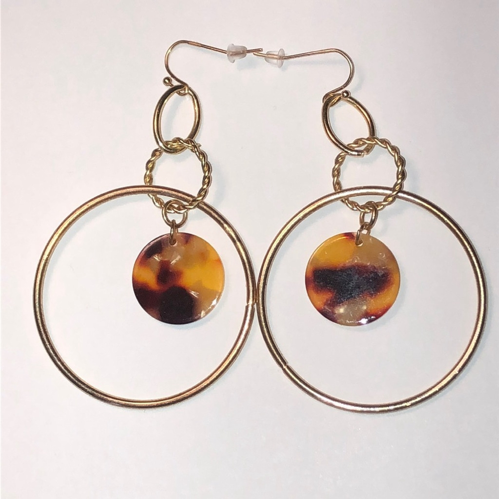 Gold Tone Tortoise Shell Huge Boho Dangling Earrings